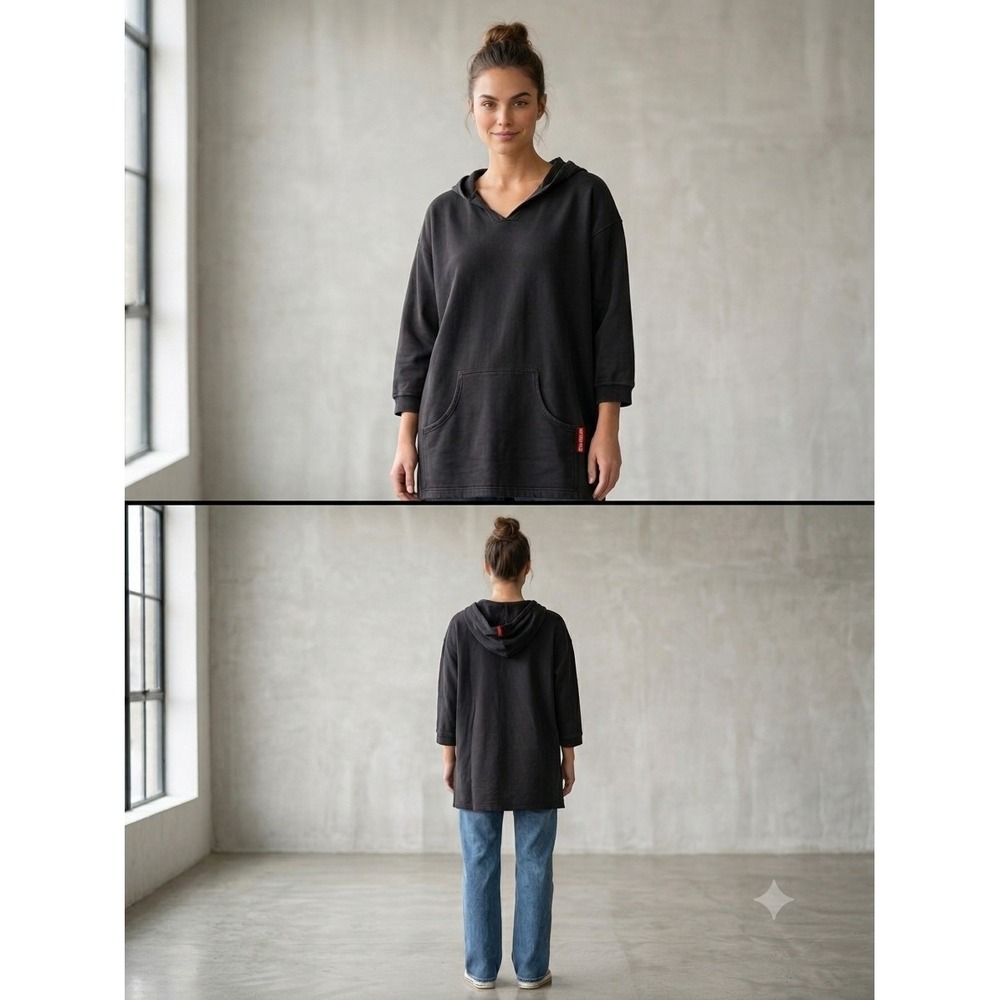 Hard Tail Forever Black Hooded V-Neck Tunic Front Pocket One Size Casual Y2K USA